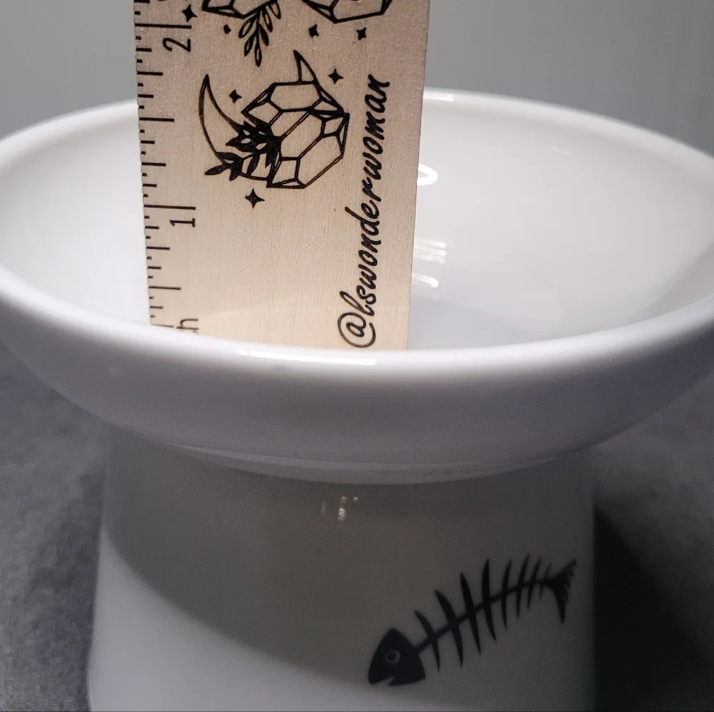 White Ceramic Elevated Cat Dish with Black Fish Skeleton Design